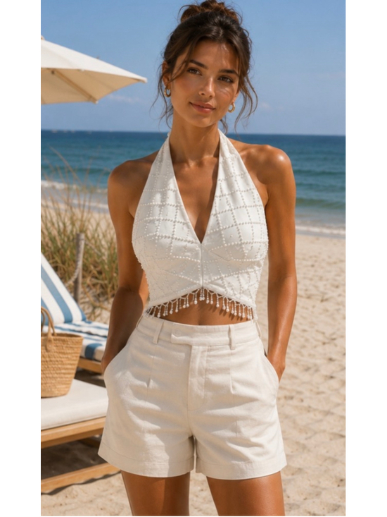 Beach Riot Tops - Beach Riot Pearl Embellished Halter Crop Top White Size M Chic Boho
